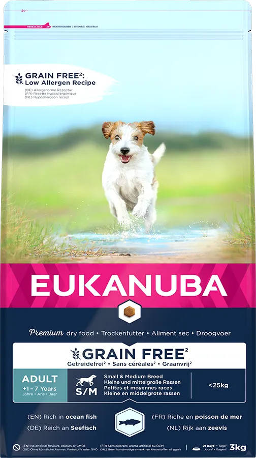 Eukanuba Grain Free Adult Small Medium Breed Hond - Zeevis 3kg