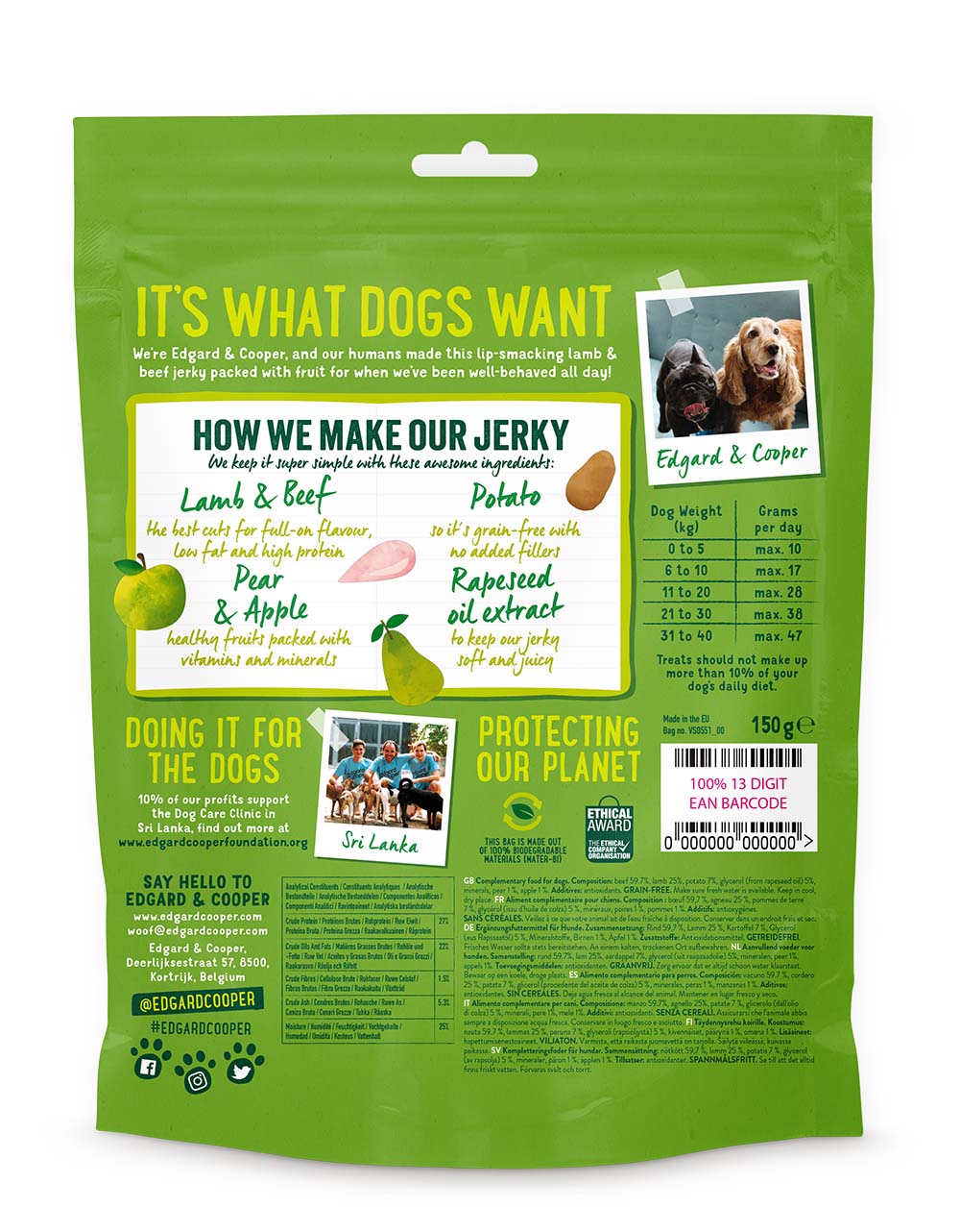 Edgard & Cooper Hond - Jerky 150g - lam & rund